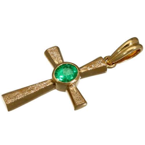 Hochwertiger Goldanhänger - Kreuz mit einem eingefassten, hell leuchtenden, grasgrünen Smaragd im Ovalschliff (ca. 0,43 ct.) in edlem Gold (750 18K Gelbgold)