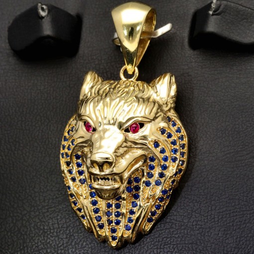 Wolf aus Gold - Wolfskopf-Anhänger aus hochwertigem 585 14K Gelbgold mit Zirkoniabesatz (ca. 8,7g)