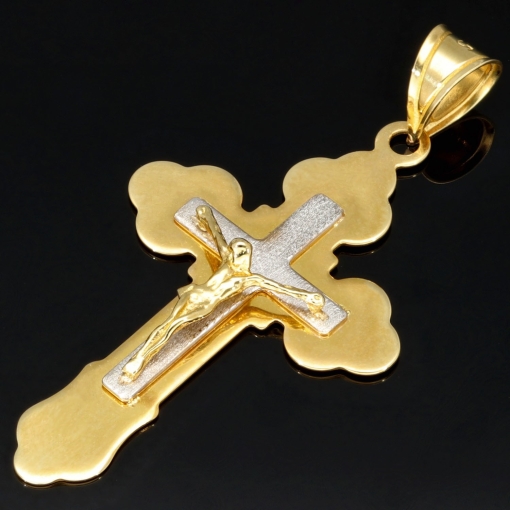 Glanzvoller Jesus Christus Kreuz - Anhänger aus edlem Gold aus 14k / 585 Bicolor Gelbgold und Weißgold