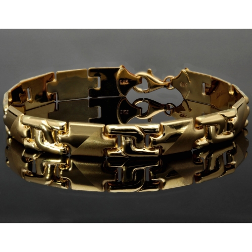 Hochwertig produziertes Gold-Armband aus 14K 585 Gelbgold (ca. 22 cm Länge, 10mm Breite) mit halb poliertem und halb mattiertem Design