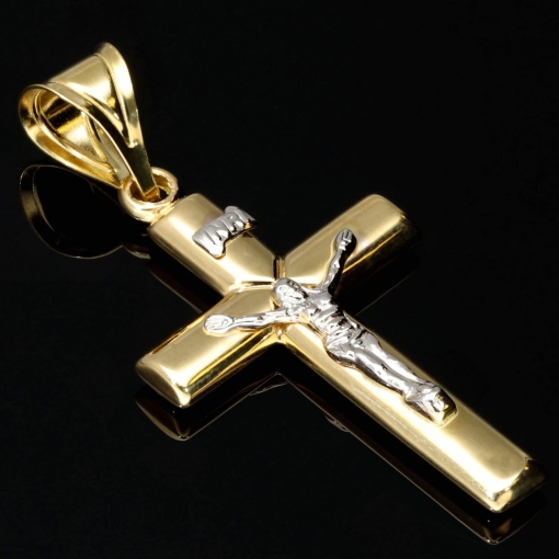 Hochwertig produzierter Jesus Christus Kreuz Anhänger Kruzifix aus Bicolor Gold 14k (585) Gelbgold und Weißgold