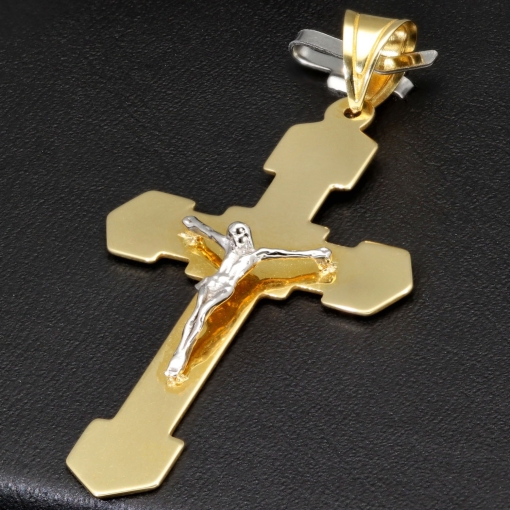 Feiner Jesus Christus Kreuz - Anhänger aus edlem Gold aus 14k / 585 Bicolor Gelbgold und Weißgold