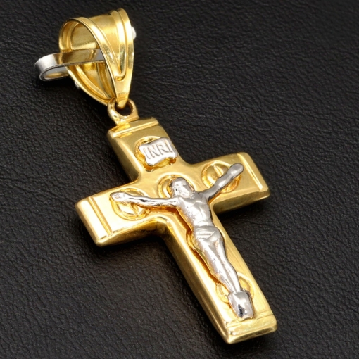 Jesus Kreuz-Anhänger aus glänzendem Bicolor Gold 14k / 585 (Gelbgold und Weißgold)