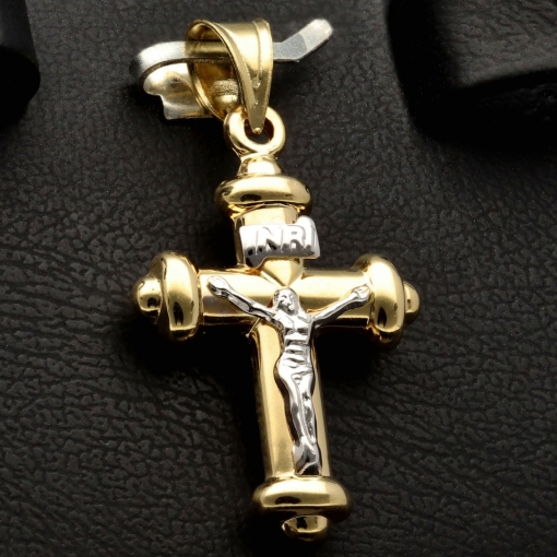 Feiner Jesus-Christus-Kreuz-Anhänger aus 14k 585 Gold Bicolor (Gelbgold und Weißgold)