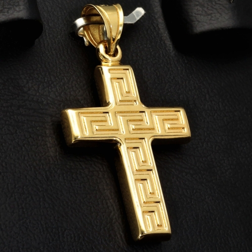 Funkelndes Kreuz mit stilvollem Greco Dekor aus Gold 14k (585er) Gelbgold