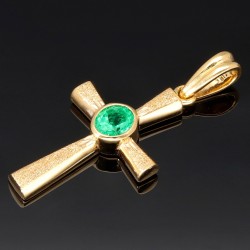 Hochwertiger Goldanhänger - Kreuz mit einem eingefassten, hell leuchtenden, grasgrünen Smaragd im Ovalschliff (ca. 0,43 ct.) in edlem Gold (750 18K Gelbgold)