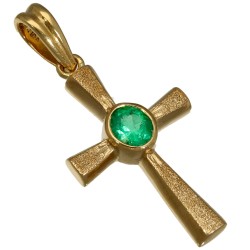 Hochwertiger Goldanhänger - Kreuz mit einem eingefassten, hell leuchtenden, grasgrünen Smaragd im Ovalschliff (ca. 0,43 ct.) in edlem Gold (750 18K Gelbgold)