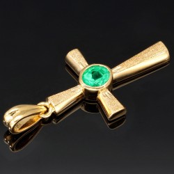 Hochwertiger Goldanhänger - Kreuz mit einem eingefassten, hell leuchtenden, grasgrünen Smaragd im Ovalschliff (ca. 0,43 ct.) in edlem Gold (750 18K Gelbgold)