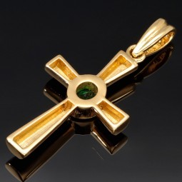 Hochwertiger Goldanhänger - Kreuz mit einem eingefassten, hell leuchtenden, grasgrünen Smaragd im Ovalschliff (ca. 0,43 ct.) in edlem Gold (750 18K Gelbgold)