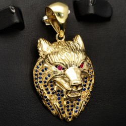 Wolf aus Gold - Wolfskopf-Anhänger aus hochwertigem 585 14K Gelbgold mit Zirkoniabesatz (ca. 8,7g)