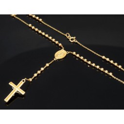 Edle Rosenkranz Y-Kette mit kleinem Amulett aus 14K Gold (Gelbgold) und Kreuzanhänger aus edlem 14K / 585 Bicolor Gelbgold und Weißgold