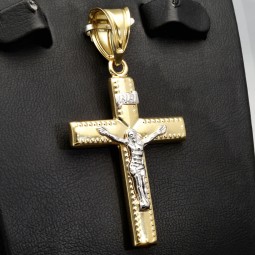 Goldenes Kreuz - Kruzifix aus funkelndem Gold aus 14k / 585 Bicolor Gelbgold und Weißgold