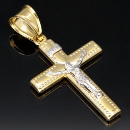 Goldenes Kreuz - Kruzifix aus funkelndem Gold aus 14k / 585 Bicolor Gelbgold und Weißgold