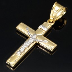 Goldenes Kreuz - Kruzifix aus funkelndem Gold aus 14k / 585 Bicolor Gelbgold und Weißgold