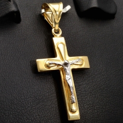 Jesus Kreuz Anhänger - Kruzifix aus glänzendem Gold 14k (585) Gelbgold und Weißgold