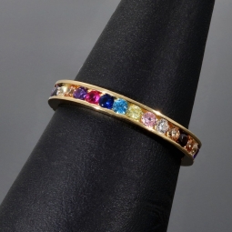 Rainbow Memory Ring aus 14K 585 Gold mit farbenfrohen, glitzerndern Zirkoniasteinen bestückt in Ringgröße ca. 50