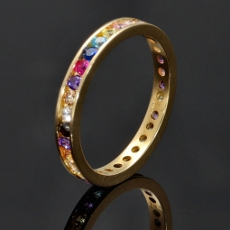 Rainbow Memory Ring aus 14K 585 Gold mit farbenfrohen, glitzerndern Zirkoniasteinen bestückt in Ringgröße ca. 50