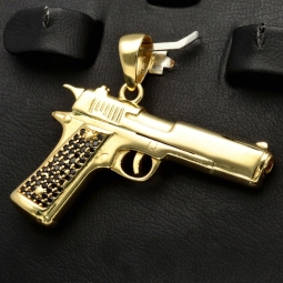 Bling Bling Pistole - Anhänger aus poliertem 585 / 14K Gold mit schwarzen Zirkoniabesatz