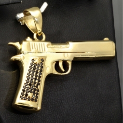 Bling Bling Pistole - Anhänger aus poliertem 585 / 14K Gold mit schwarzen Zirkoniabesatz