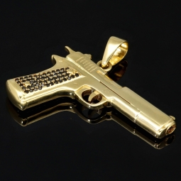 Bling Bling Pistole - Anhänger aus poliertem 585 / 14K Gold mit schwarzen Zirkoniabesatz