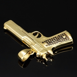 Bling Bling Pistole - Anhänger aus poliertem 585 / 14K Gold mit schwarzen Zirkoniabesatz