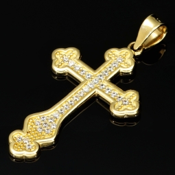 Kreuz-Anhänger aus massivem 14k / 585 Gold (Gelbgold) besetzt mit Zirkoniasteinen