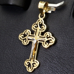 Exklusiver Jesus Christus Kreuz-Anhänger aus 14k / 585 Bicolor Gold (Gelbgold und Weißgold)