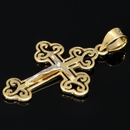 Exklusiver Jesus Christus Kreuz-Anhänger aus 14k / 585 Bicolor Gold (Gelbgold und Weißgold)