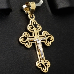 Exklusiver Jesus Christus Kreuz-Anhänger aus 14k / 585 Bicolor Gold (Gelbgold und Weißgold)