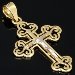 Exklusiver Jesus Christus Kreuz-Anhänger aus 14k / 585 Bicolor Gold (Gelbgold und Weißgold)