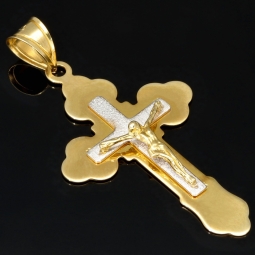 Glanzvoller Jesus Christus Kreuz - Anhänger aus edlem Gold aus 14k / 585 Bicolor Gelbgold und Weißgold