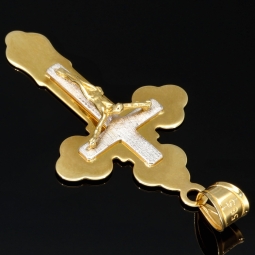 Glanzvoller Jesus Christus Kreuz - Anhänger aus edlem Gold aus 14k / 585 Bicolor Gelbgold und Weißgold