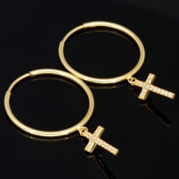 Feine Kreuz-Creolen-Ohrringe mit funkelnden Zirkoniasteinen besetzt in 585er 14K Gold