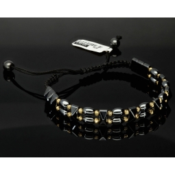 Längenverstellbares, modernes Kugel Zug-Armband mit 28 Perlen aus hochwertigem Gold in 585 / 14K und glänzenden, grauschwarzen Beads