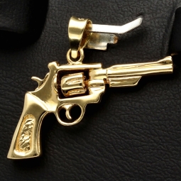 Glänzender Colt-Revolver Anhänger mit beweglicher Trommel aus massivem Gelbgold (585 14K Gold)