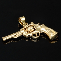 Glänzender Colt-Revolver Anhänger mit beweglicher Trommel aus massivem Gelbgold (585 14K Gold)