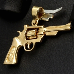 Glänzender Colt-Revolver Anhänger mit beweglicher Trommel aus massivem Gelbgold (585 14K Gold)