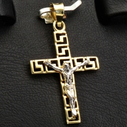 Jesus Christus Kreuz-Anhänger mit Greco Design aus glanzvollem 14k / 585 Bicolor Gold (Gelbgold und Weißgold)