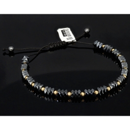 Trendiges, längenverstellbares Kugel Zug-Armband stilvollem Design mit Goldperlen in funkelndem 585 14K und schwarzen Beads (ca. 17-23 cm )