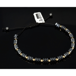 Trendiges, längenverstellbares Kugel Zug-Armband stilvollem Design mit Goldperlen in funkelndem 585 14K und schwarzen Beads (ca. 17-23 cm )