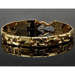 Hochwertig produziertes Gold-Armband aus 14K 585 Gelbgold (ca. 22 cm Länge, 10mm Breite) mit halb poliertem und halb mattiertem Design