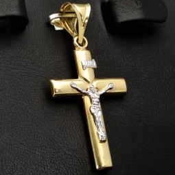 Hochwertig produzierter Jesus Christus Kreuz Anhänger Kruzifix aus Bicolor Gold 14k (585) Gelbgold und Weißgold