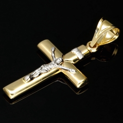 Hochwertig produzierter Jesus Christus Kreuz Anhänger Kruzifix aus Bicolor Gold 14k (585) Gelbgold und Weißgold