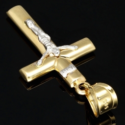 Hochwertig produzierter Jesus Christus Kreuz Anhänger Kruzifix aus Bicolor Gold 14k (585) Gelbgold und Weißgold