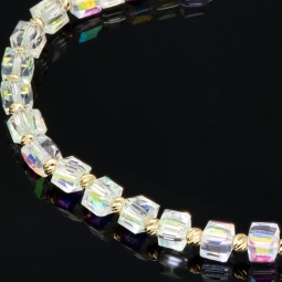 Stylisches Kugel Zug-Armband mit Goldperlen in 585 14K und glitzernden, transparenten Beads (längenverstellbar ca. 17cm - 23cm)