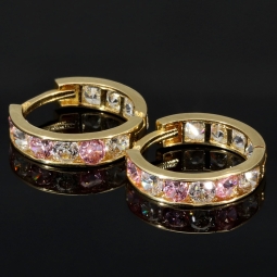 Mini-Creolen mit glitzernden, weißen und rosa Zirkonia aus edlem Gold (585 14K Gold)