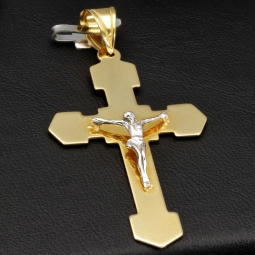 Feiner Jesus Christus Kreuz - Anhänger aus edlem Gold aus 14k / 585 Bicolor Gelbgold und Weißgold