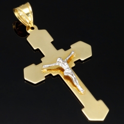 Feiner Jesus Christus Kreuz - Anhänger aus edlem Gold aus 14k / 585 Bicolor Gelbgold und Weißgold