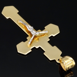 Feiner Jesus Christus Kreuz - Anhänger aus edlem Gold aus 14k / 585 Bicolor Gelbgold und Weißgold