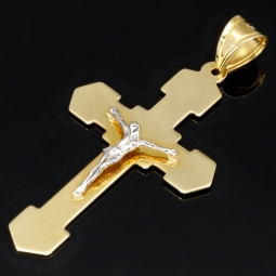 Feiner Jesus Christus Kreuz - Anhänger aus edlem Gold aus 14k / 585 Bicolor Gelbgold und Weißgold